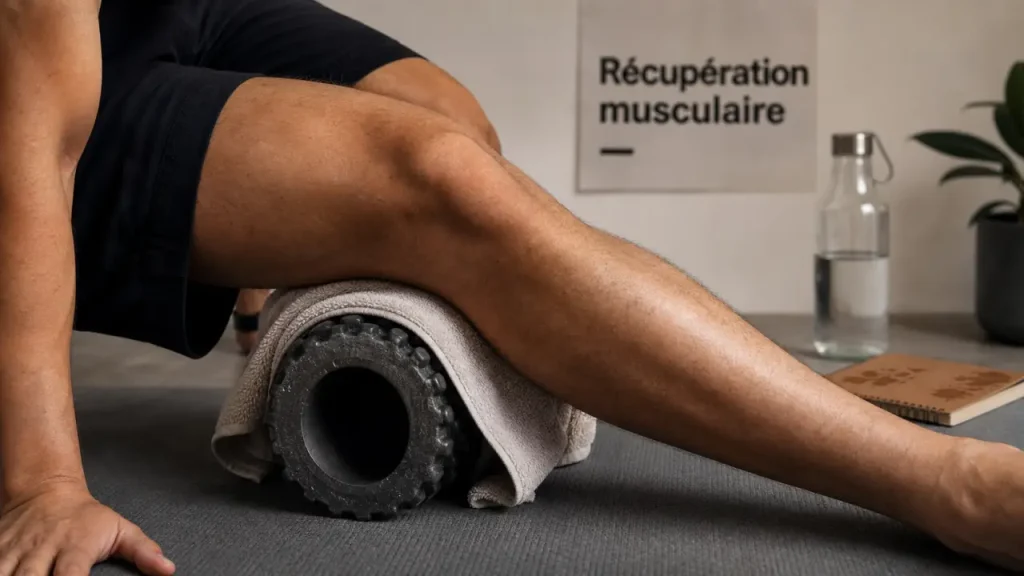 Rouleau massage sur tapis, récupération musculaire