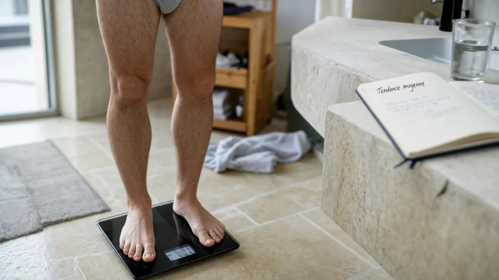 Se peser tous les jours : balance électronique et carnet de suivi en salle de bain