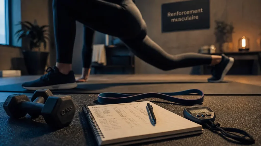 Seance de renforcement musculaire sans matériel sur tapis et haltères