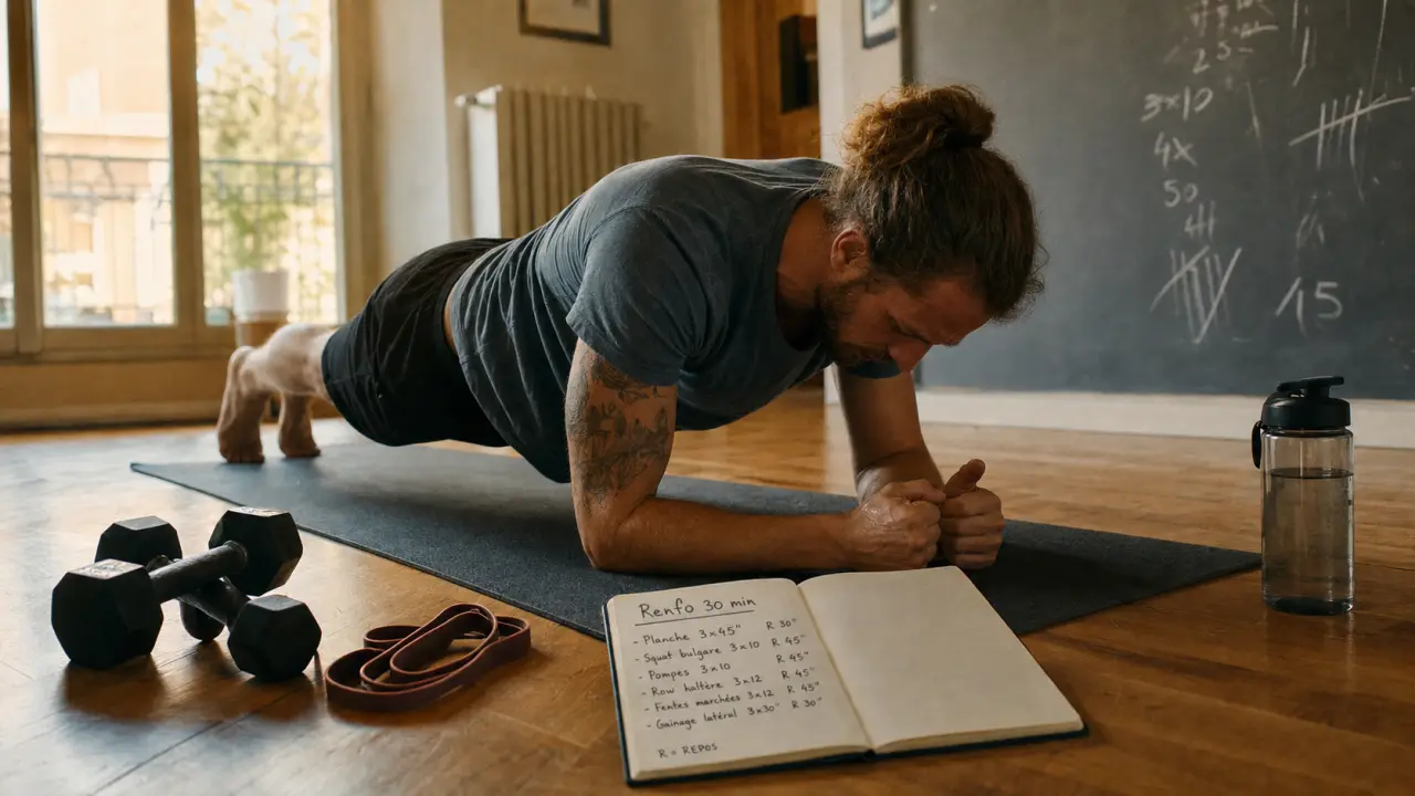 Personne en gainage sur tapis à la maison, carnet d'entraînement au sol