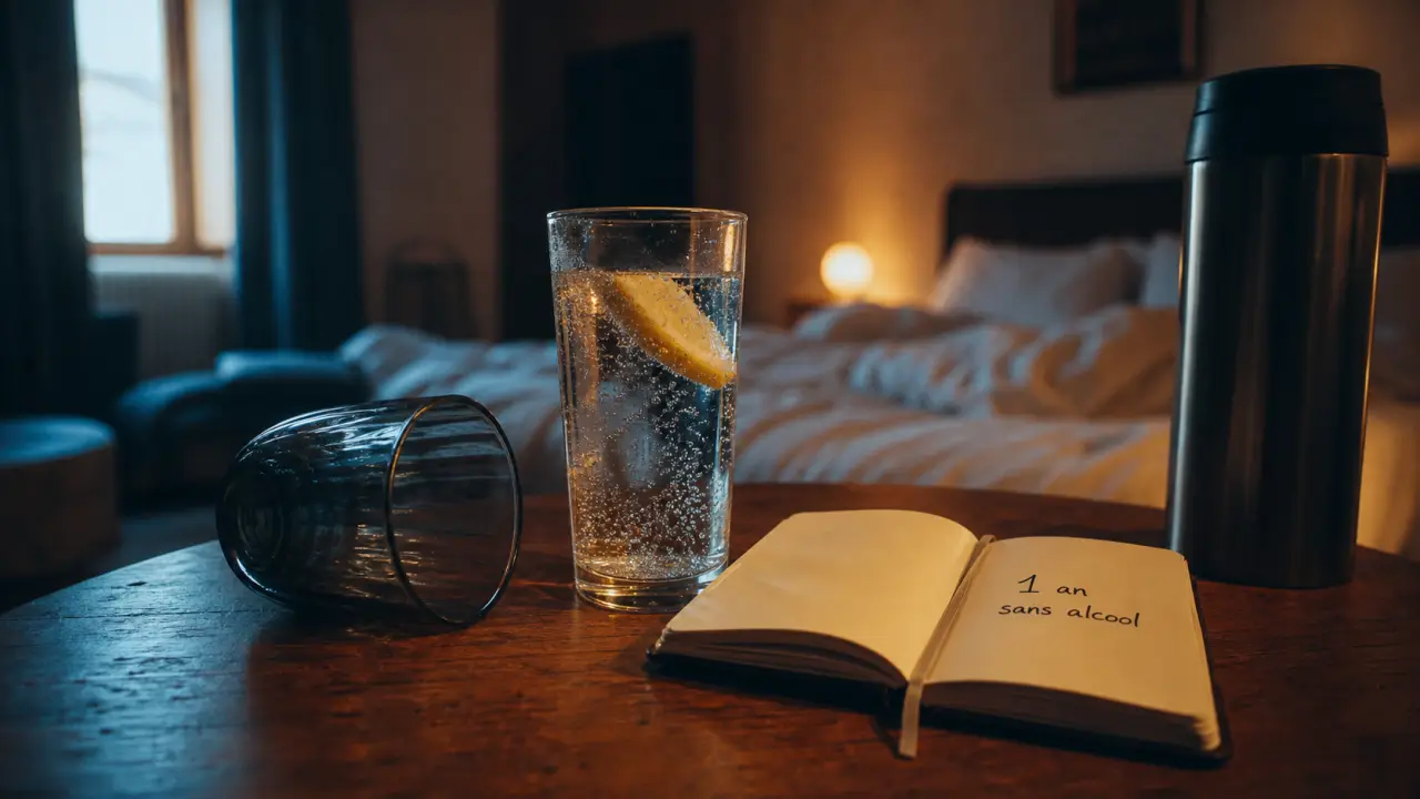 1 an sans alcool bienfaits : verre d’eau pétillante et sommeil