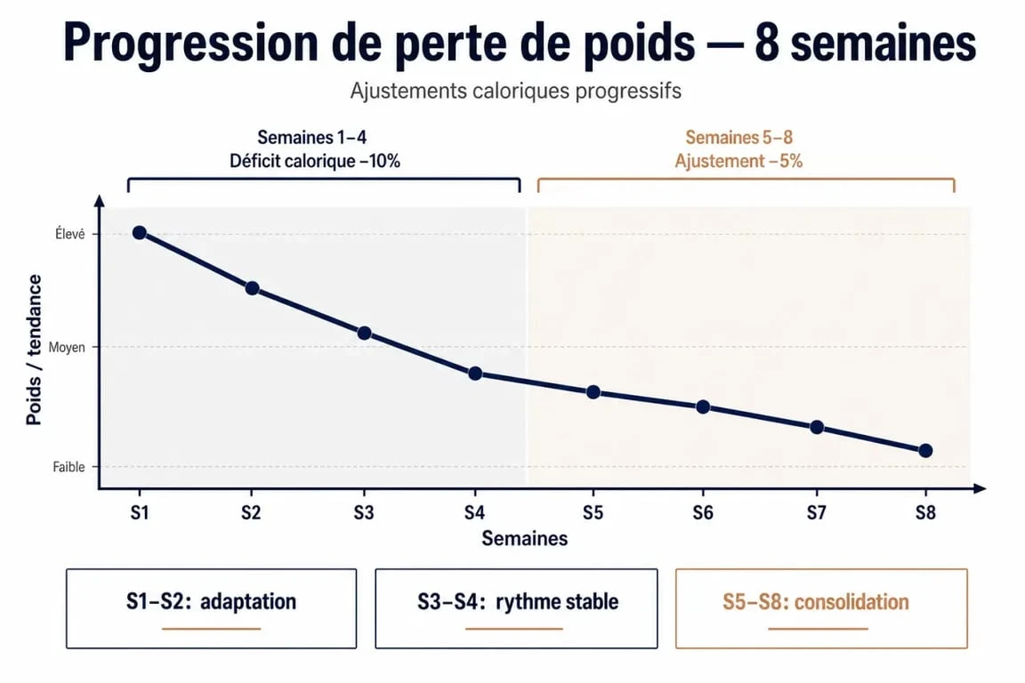 Infographie montrant la progression d'un physique sec avec réduction calorique progressive