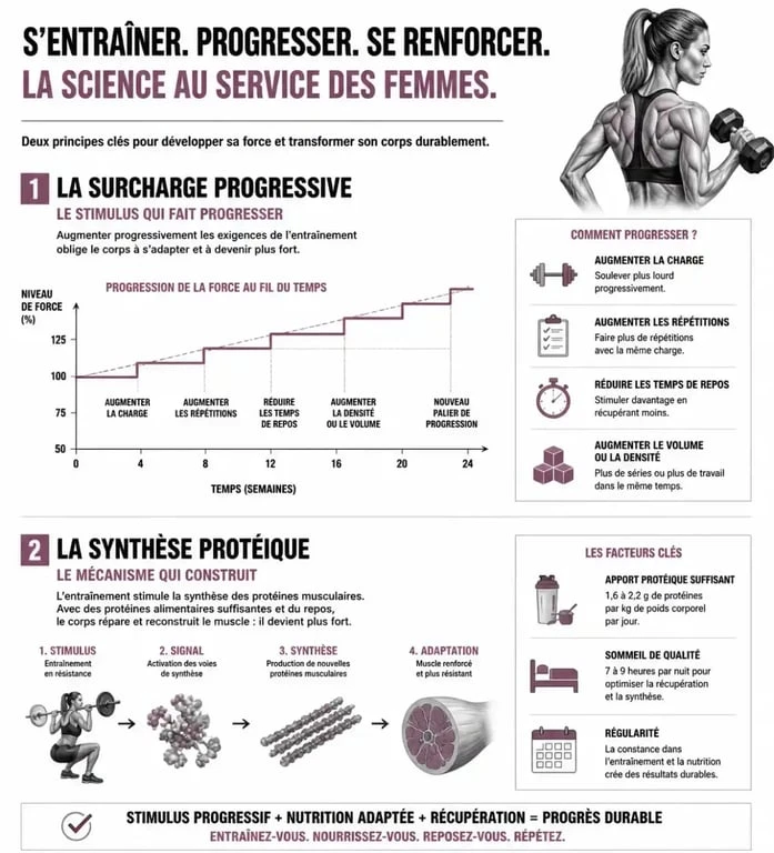 Infographie sur l'hypertrophie femme et la surcharge progressive