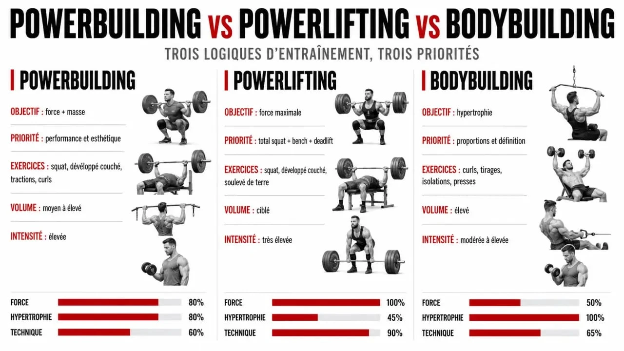 Comparatif powerbuilding, powerlifting et bodybuilding en visuel éditorial