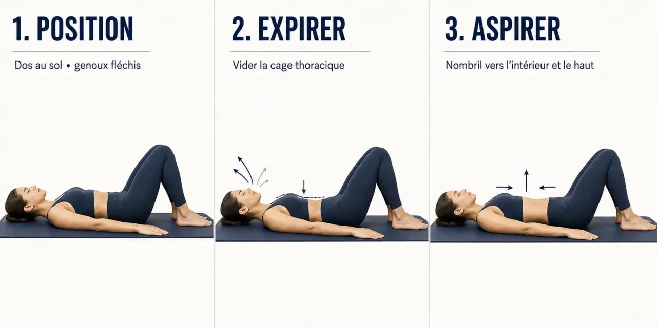 Exercice stomach vacuum : schéma pas à pas de la respiration, de la posture et de la contraction du transverse