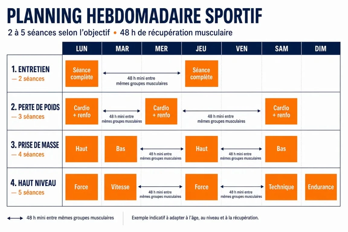 Infographie sur combien de séances de sport par semaine selon l’objectif, le niveau et la récupération