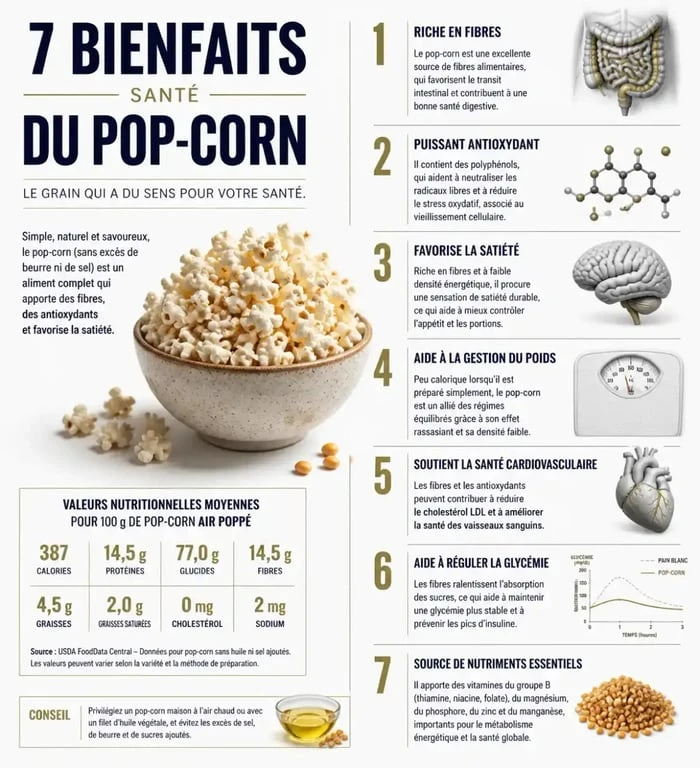 Infographie des 7 bienfaits santé du popcorn nature pour l'organisme
