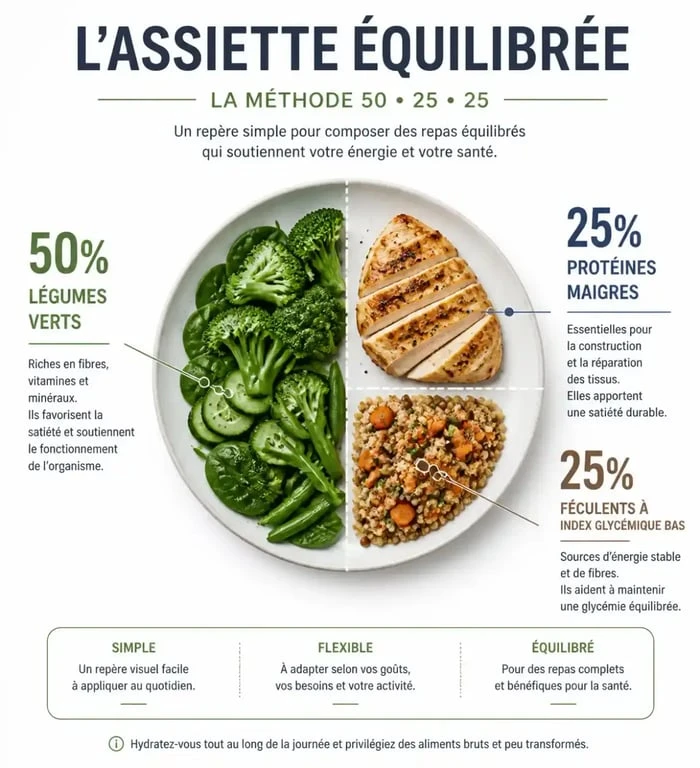 Infographie de l'assiette idéale pour un aliment pour diabetique avec répartition des nutriments