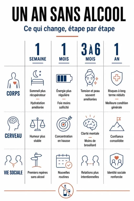 Infographie des bienfaits 1 an sans alcool bienfaits sur le corps, le mental et la vie sociale