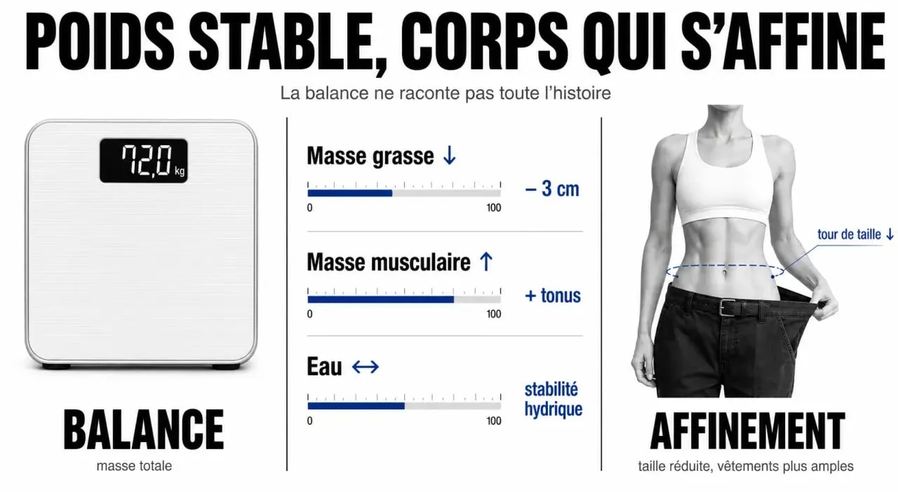 Infographie « je ne perds pas de poids mais je m'affine » montrant la balance, la masse grasse, la masse musculaire et les mensurations.