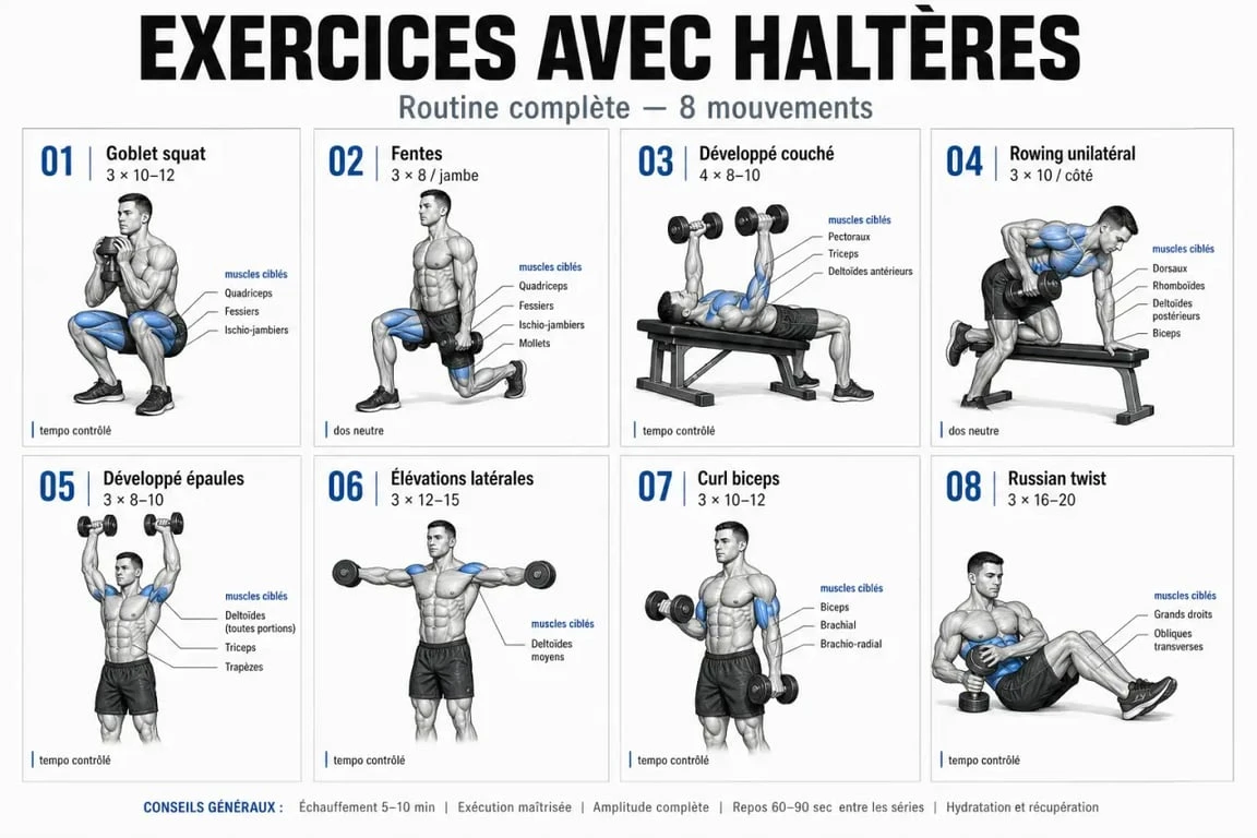 Exercices avec haltères : guide visuel des 8 mouvements pour tout le corps