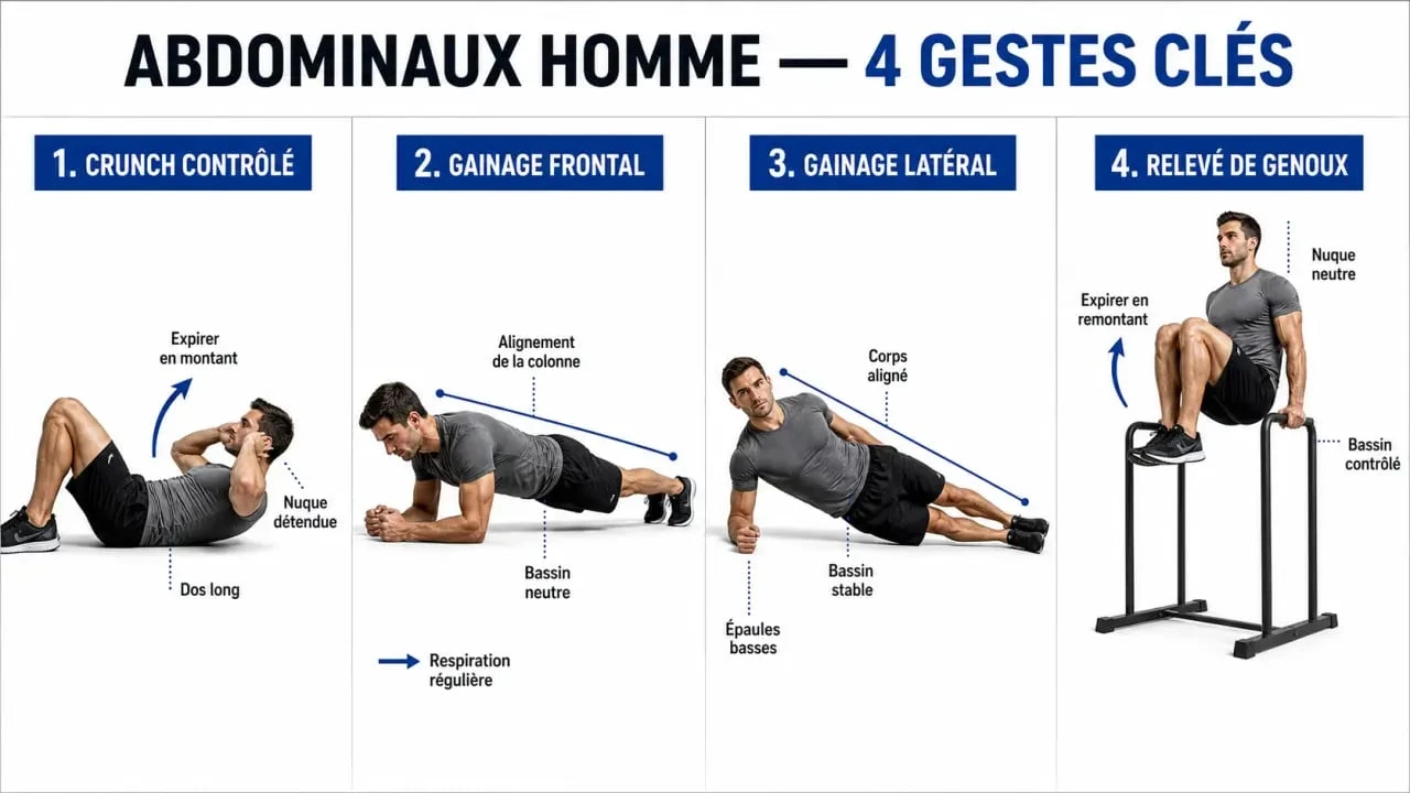 Abdominaux homme : séquence des exercices clés avec crunch, gainage et relevé de genoux