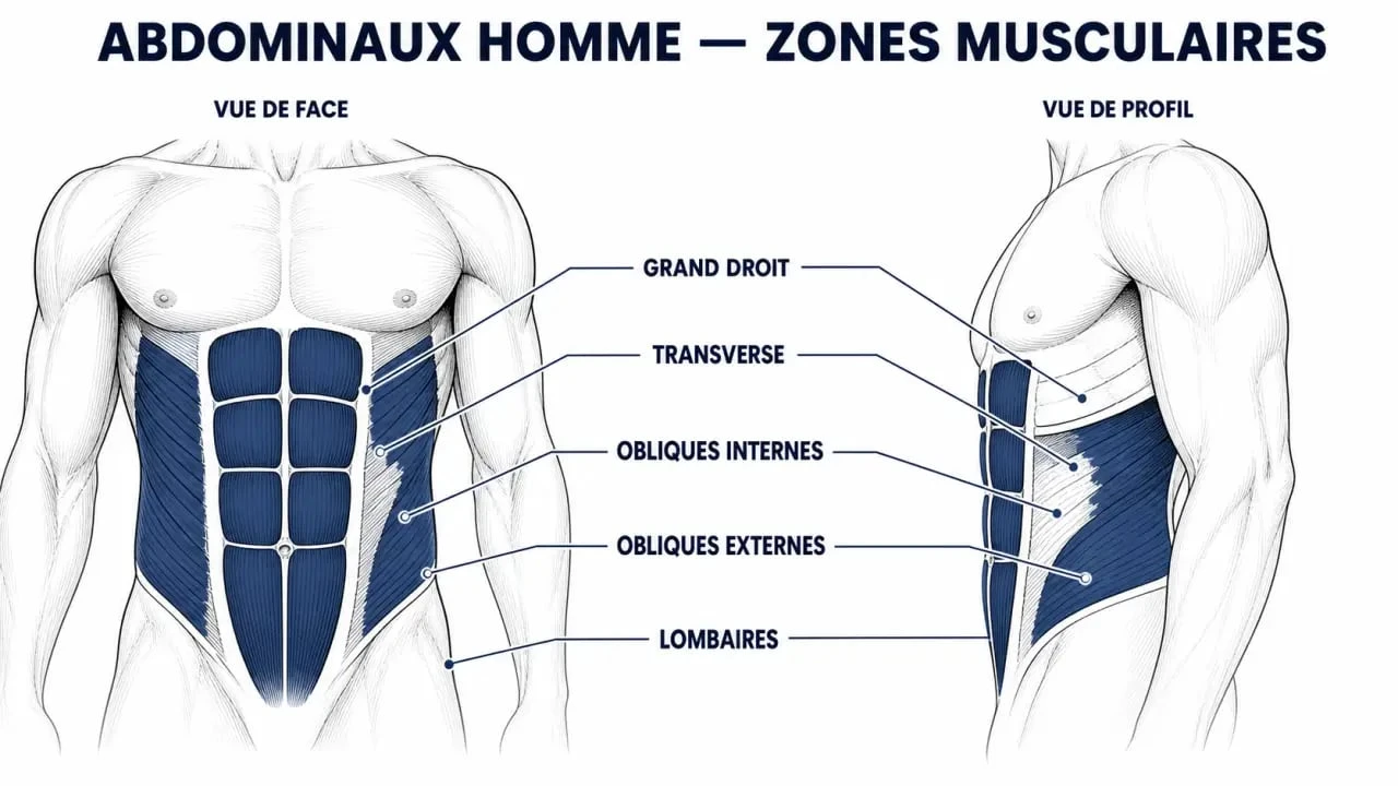 Abdominaux homme : schéma des muscles ciblés du tronc avec grand droit, transverse et obliques