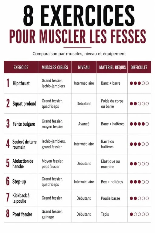 Infographie pour muscler des fesses : comparaison des exercices, muscles ciblés, niveau et matériel requis