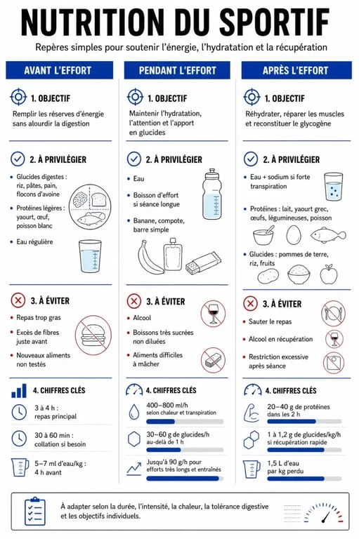 Nutrition des sportifs : infographie sur les repas avant, pendant et après l’effort et l’hydratation