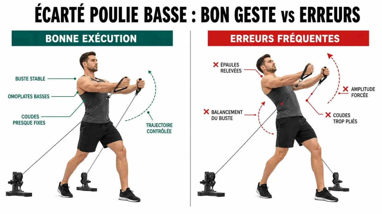 écarté poulie basse : comparaison visuelle entre bonne technique et erreurs fréquentes