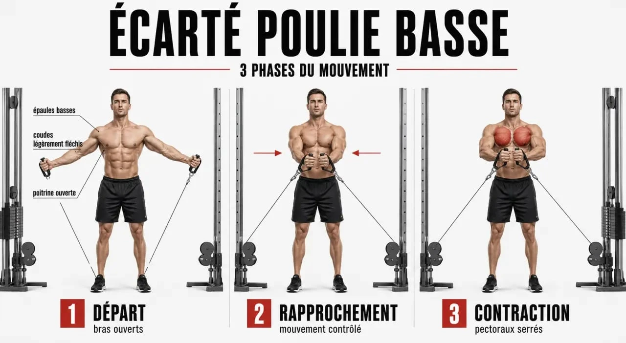 écarté poulie basse : schéma de la position de départ, du rapprochement des bras et de la contraction finale
