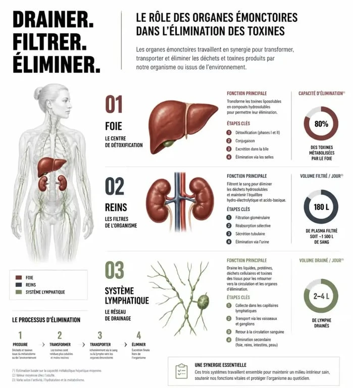 Infographie explicative sur le fonctionnement des boissons drainantes et le rôle des organes émonctoires dans l'élimination des toxines.