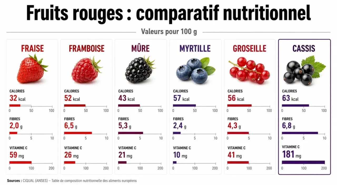 Calories fruits rouges : comparatif visuel des calories, fibres et vitamine C des fraises, framboises, mûres, myrtilles, groseilles et cassis