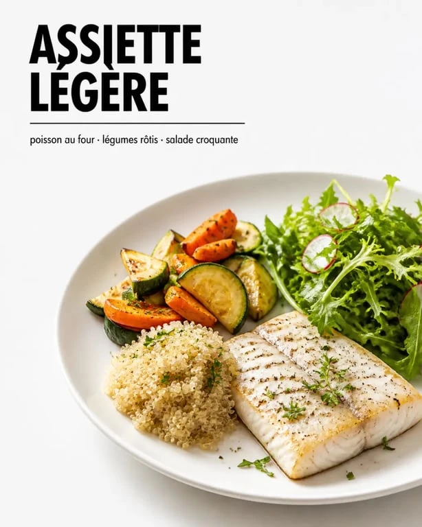 Idée recette régime : assiette légère et rassasiante avec poisson au four, courgettes et légumes rôtis