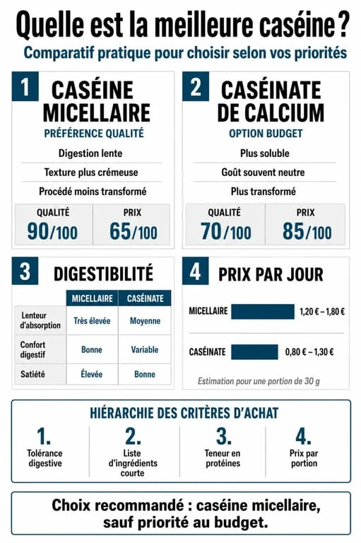 Comparatif visuel pour choisir le meilleur caseine entre caséine micellaire et caséinate, avec critères de digestibilité et prix par jour