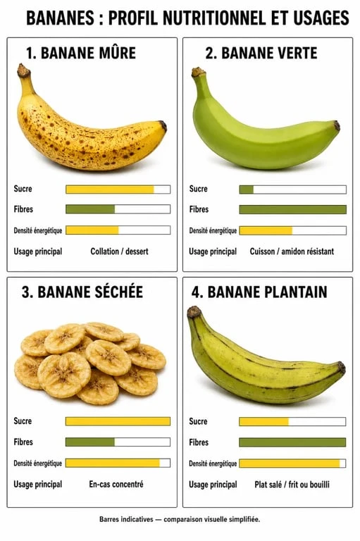 Banane santé : comparaison entre banane mûre, verte, séchée et plantain