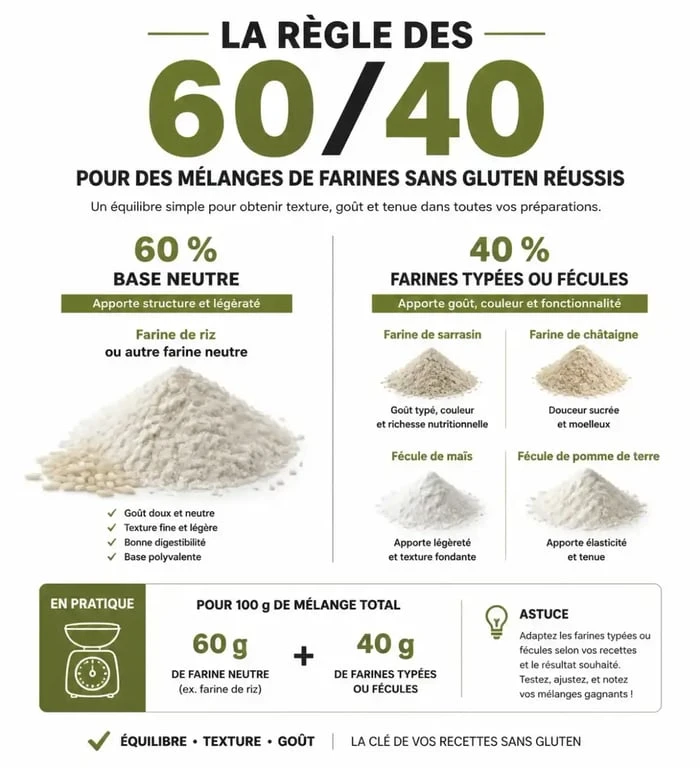 Infographie explicative sur le choix de la farine sans gluten pour gâteau et la règle des 60/40