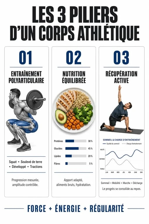 Infographie des piliers pour construire un corps athlétique : entraînement, nutrition et récupération