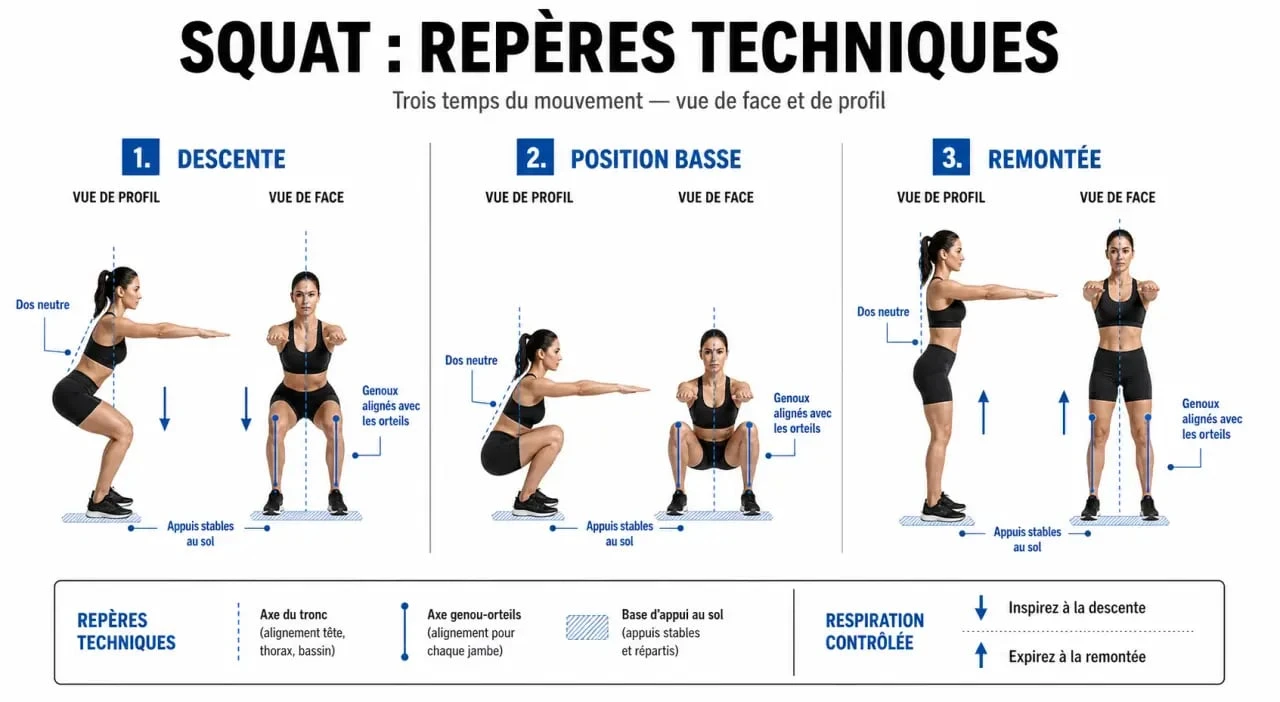 Different type de squat : schéma technique de l'exécution correcte et des points de posture