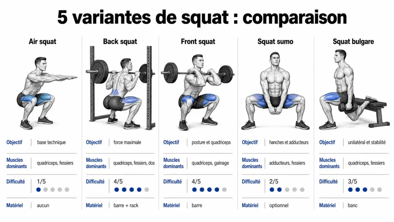 Different type de squat : comparaison visuelle des variantes air squat, back squat, front squat, squat sumo et squat bulgare