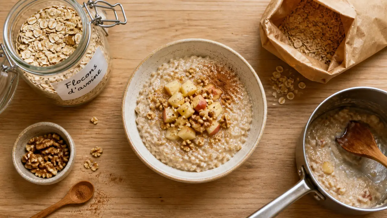 Flocon.d avoine pour porridge pomme-cannelle, flocons et bouillie crémeuse