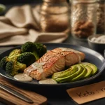 Keto regime : assiette 70-80% lipides, brocoli, avocat, cétose