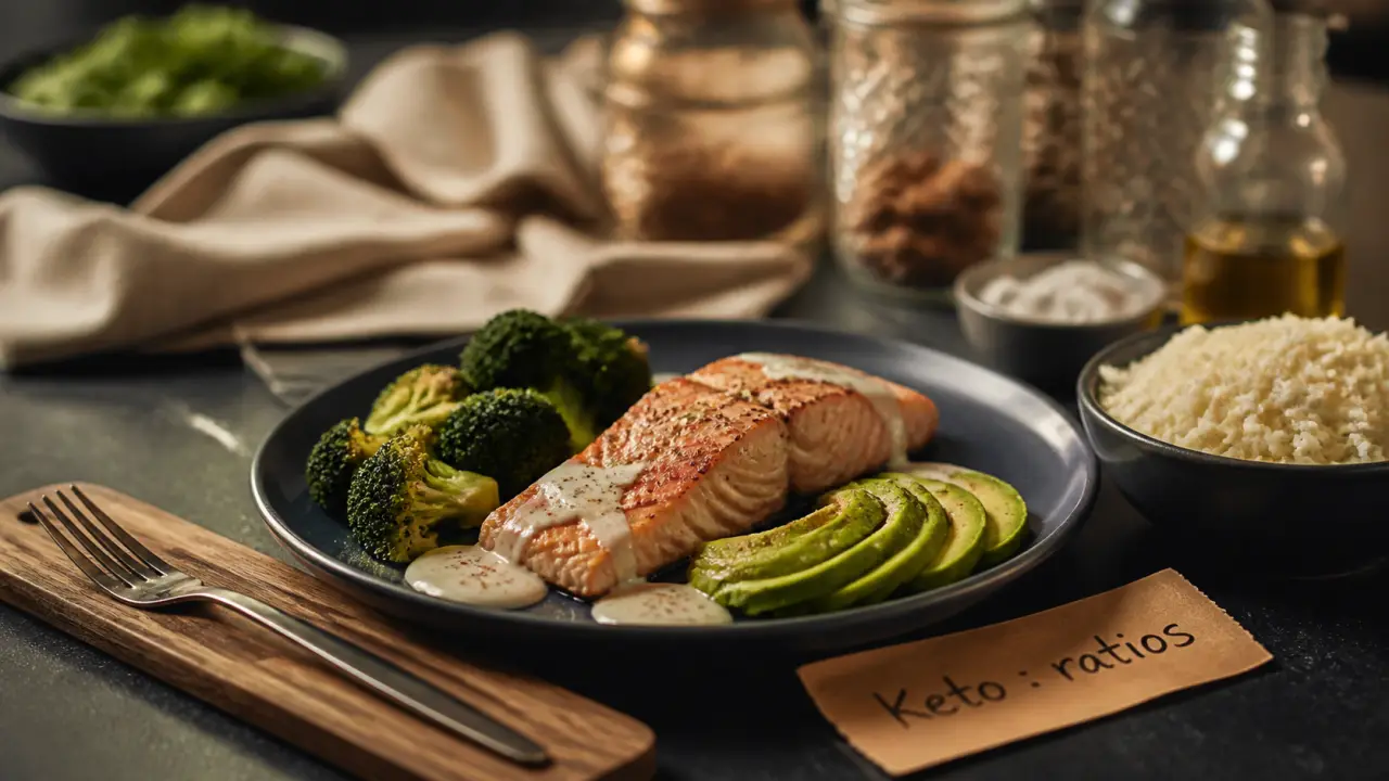 Keto regime : assiette 70-80% lipides, brocoli, avocat, cétose