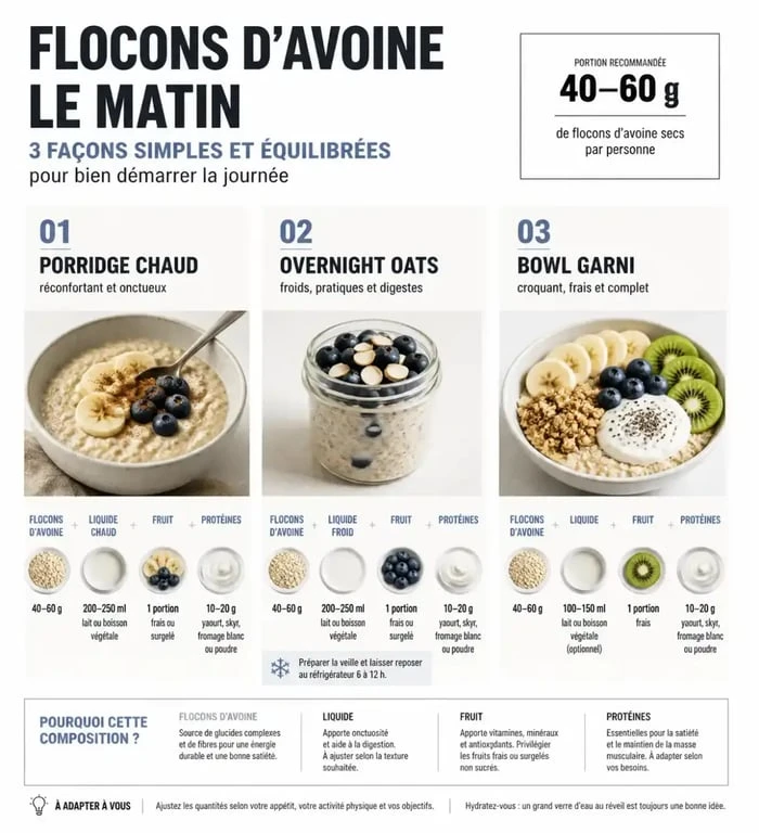 Flocon d avoine le matin en porridge chaud et overnight oats avec portions et accompagnements