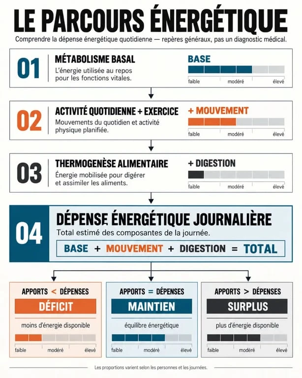 Infographie sur le calcul metabolisme basale et le passage du métabolisme basal aux besoins caloriques quotidiens