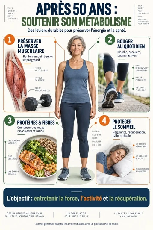 Infographie sur comment augmenter son metabolisme apres 50 ans grâce au muscle, à l'activité quotidienne, à l'alimentation et au sommeil