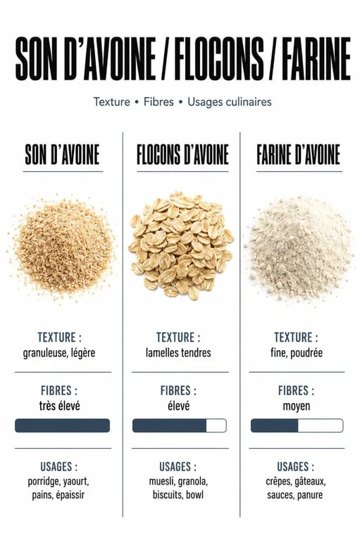 Son d'avoine bienfaits : comparaison visuelle avec flocons d'avoine et farine d'avoine