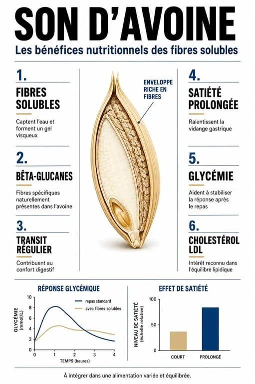 Son d'avoine bienfaits : infographie santé sur les fibres, la satiété, la glycémie et le cholestérol