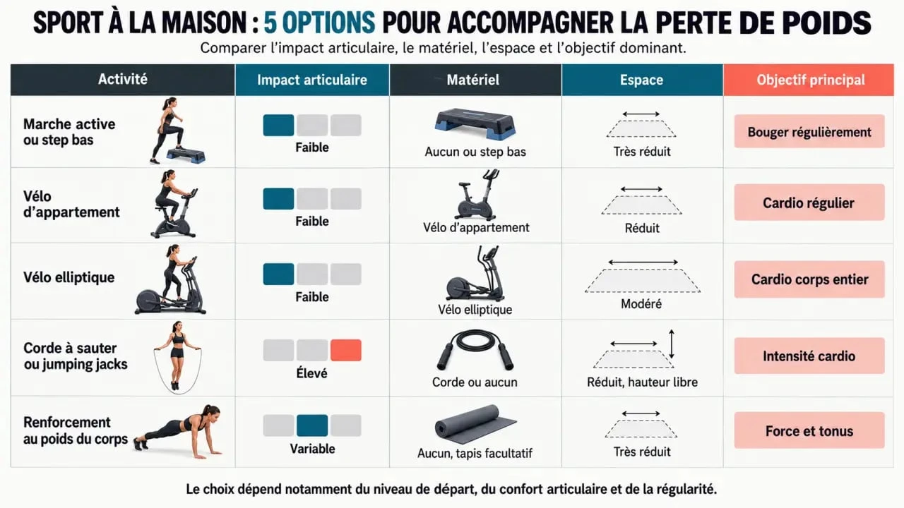Infographie sur le sport à la maison perte de poids et les activités selon l’impact articulaire, le matériel et l’espace