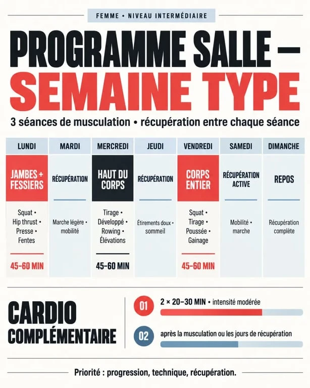 Programme de sport femme en salle sur trois séances avec récupération et cardio
