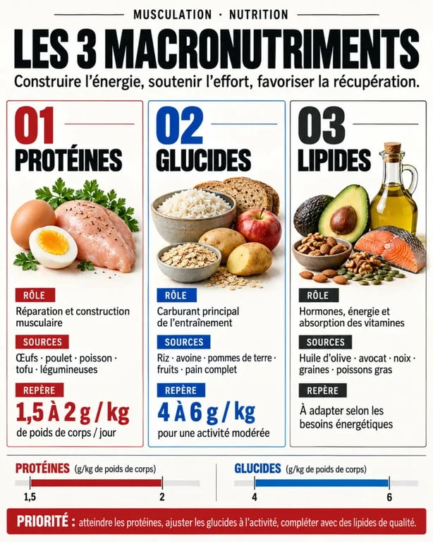 Infographie sur la nutrition pour musculation avec protéines, glucides et lipides