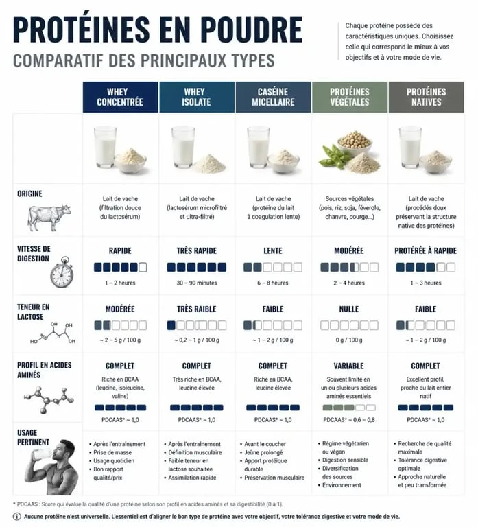 Infographie comparative des types de protéine en poudre et de leurs usages