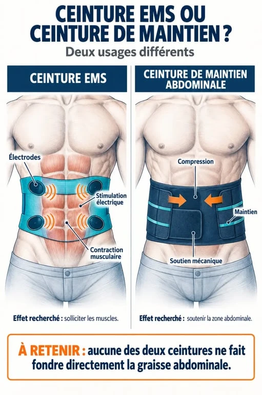 Ceinture abdominale muscle : schéma comparatif entre ceinture EMS et ceinture de maintien