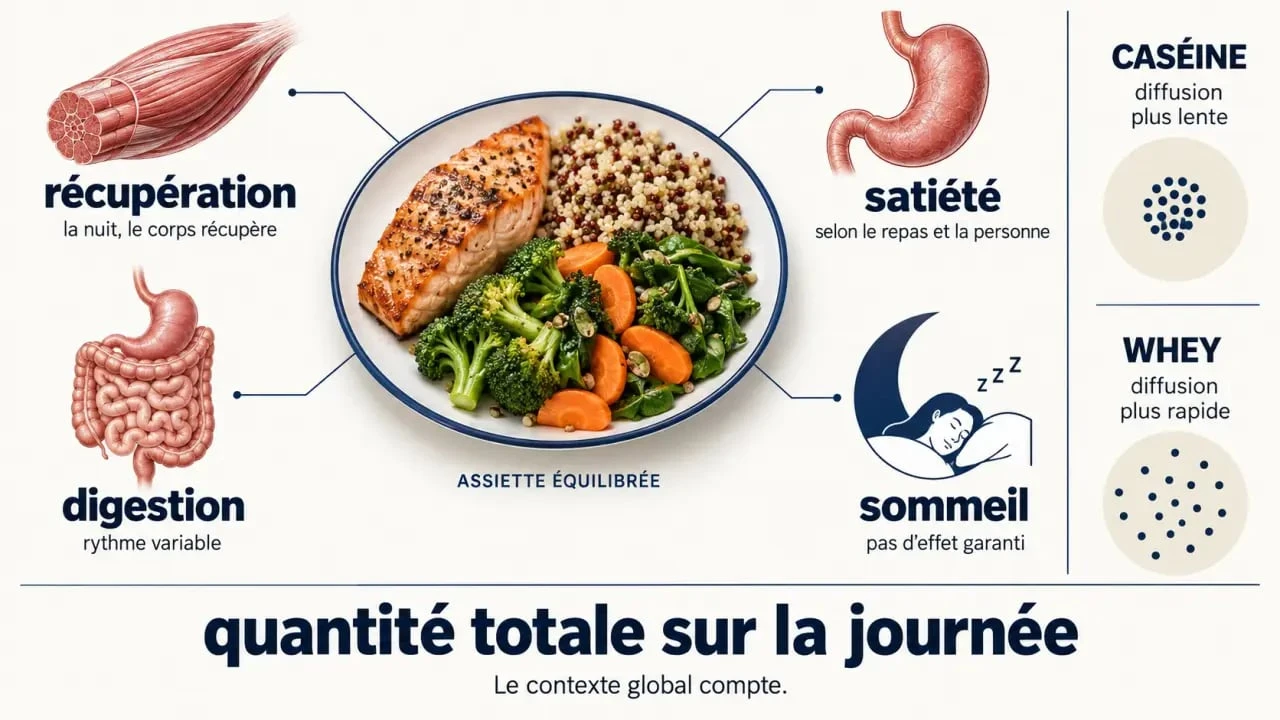 Infographie scientifique sur les protéines le soir, la récupération, la satiété, la digestion et le sommeil