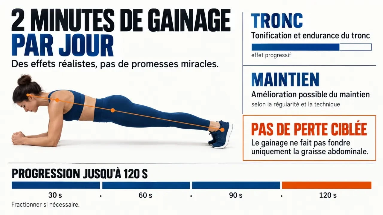 Résultats de 2 minutes de gainage par jour : tonification, posture et limites sur la perte de graisse