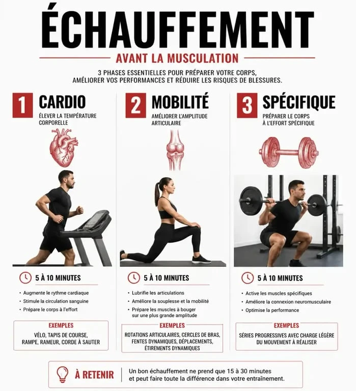 Infographie des 3 phases de l'échauffement avant muscu : cardio, mobilité et spécifique