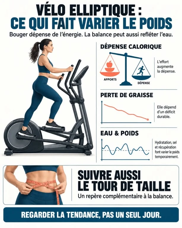 Infographie pour perdre poids avec le vélo elliptique : calories, graisse et évolution du poids