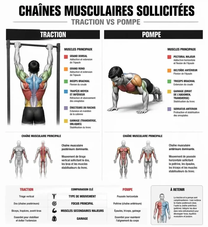 Schéma des muscles sollicités en sport calisthenics pour le haut du corps
