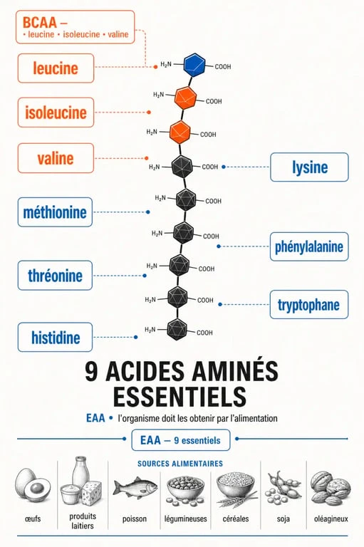 Infographie des neuf acides aminés essentiels, des BCAA et de leurs principales sources alimentaires