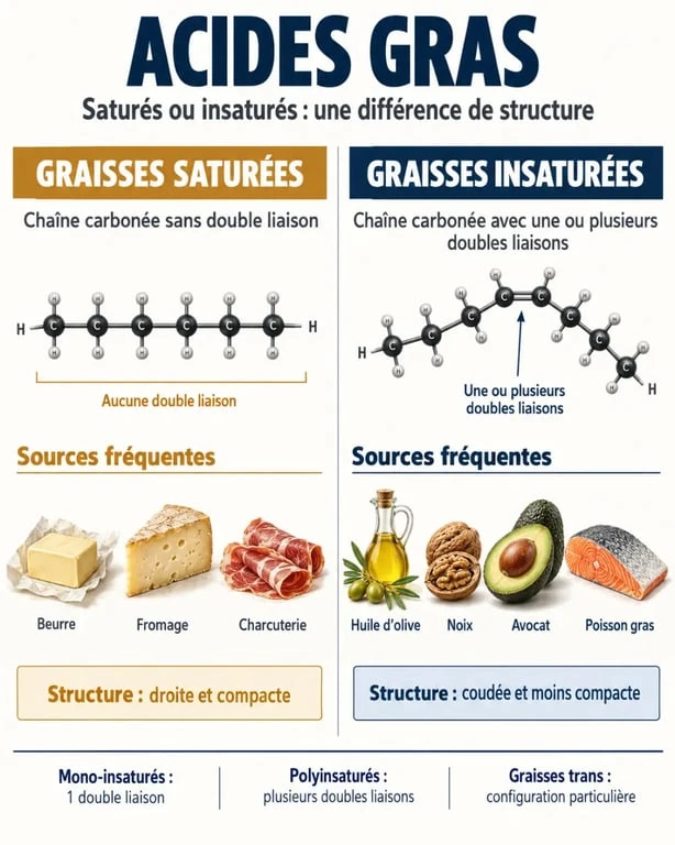 Infographie comparative sur les acides gras saturés et insaturés, leurs structures et leurs sources alimentaires